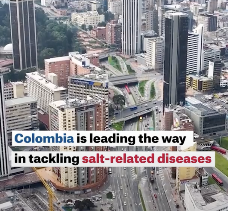 Colombia cityscape with the words "Colombia is leading the way in tackling salt-related diseases"
